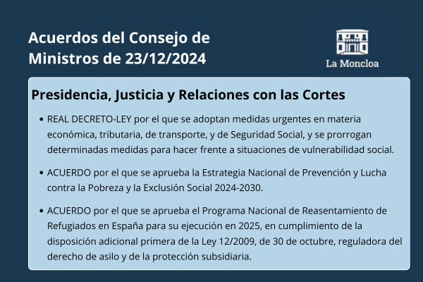 Acuerdos del Consejo de Ministros de 23 de diciembre de 2024. La Moncloa. Presidencia, Justicia y Relaciones con las Cortes: Real Decreto-Ley por el que se adoptan medidas urgentes en materia económica, tributaria, de transporte, y de Seguridad Social, y se prorrogan determinadas medidas para hacer frente a situaciones de vulnerabilidad social; Acuerdo por el que se aprueba la Estrategia Nacional de Prevención y Lucha contra la Pobreza y la Exclusión Social 2024-2030; ACUERDO por el que se aprueba el Programa Nacional de Reasentamiento de Refugiados en España para su ejecución en 2025, en cumplimiento de la disposición adicional primera de la Ley 12/2009, de 30 de octubre, reguladora del derecho de asilo y de la protección subsidiaria.